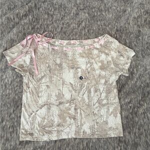 Hollister Camouflage Top with Pink Ribbon